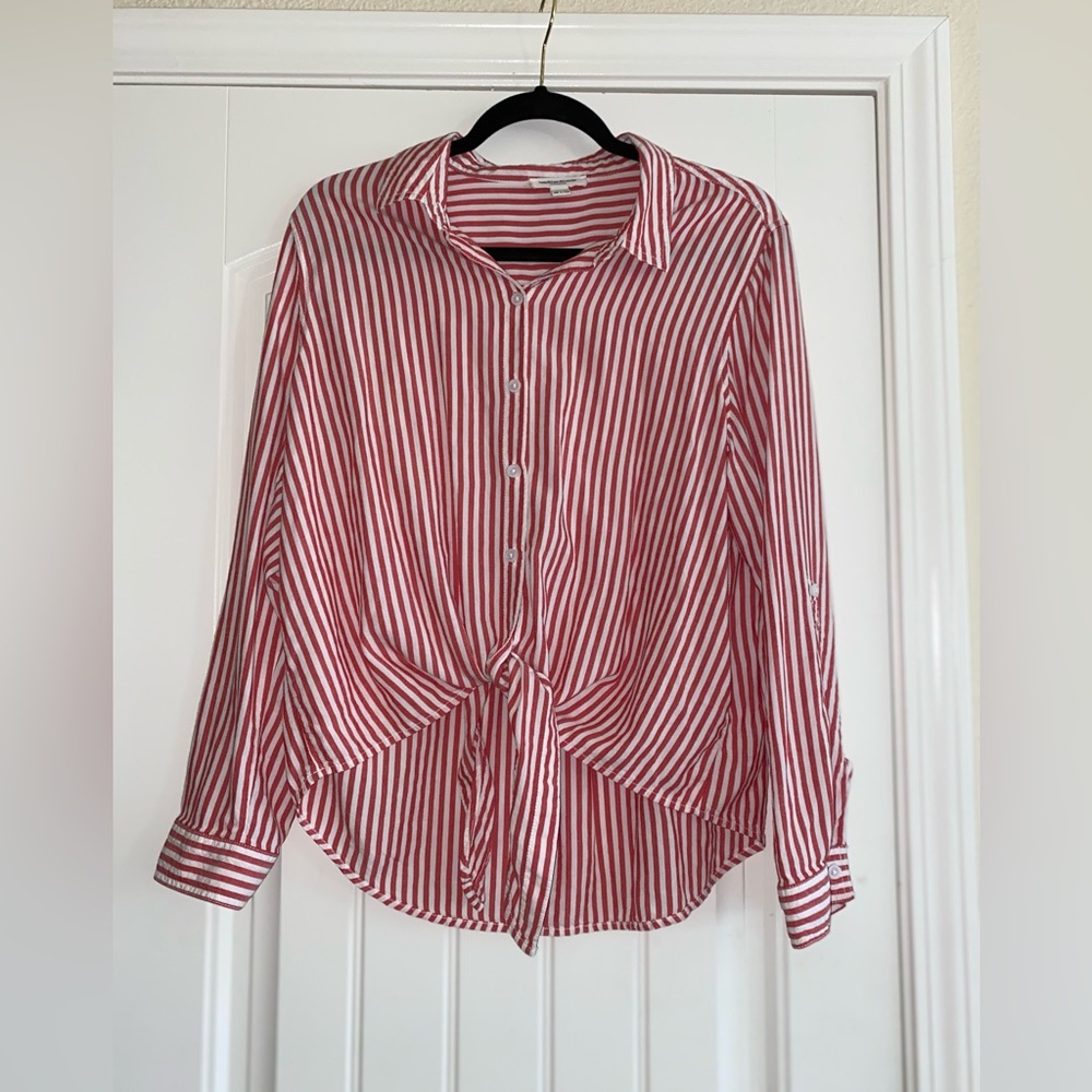 Red striped tie front top Sz XL EUC